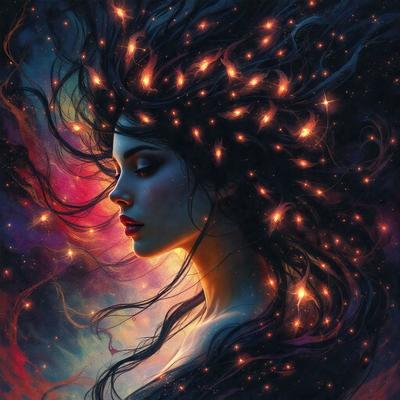 The primary subject of the image is a woman with long, flowing hair. She is the main focus of the image, and her hair is the most prominent feature. The setting is a colorful, swirling background that adds a vibrant and lively atmosphere to the scene. The visual style of the image is a digital art or illustration, which gives it a unique and artistic appearance. The colors and mood of the image are predominantly warm and inviting, with the woman's hair and the swir